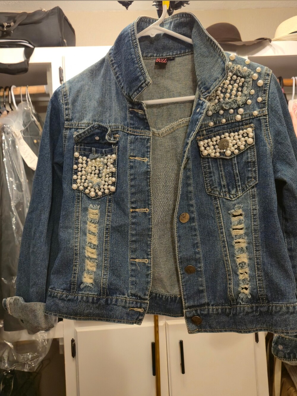 Embellished Pearl Denim Jacket - Womens Blue Jean Coat